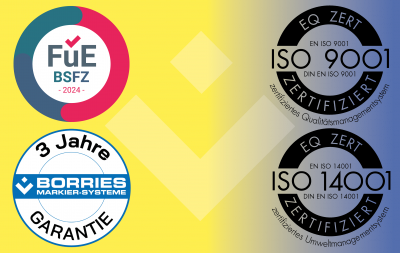 News-Titelbild: Vier Qualitätssiegel: FuE-Siegel, ISO 9001, ISO 14001 und BORRIES 3-Jahre-Garantie